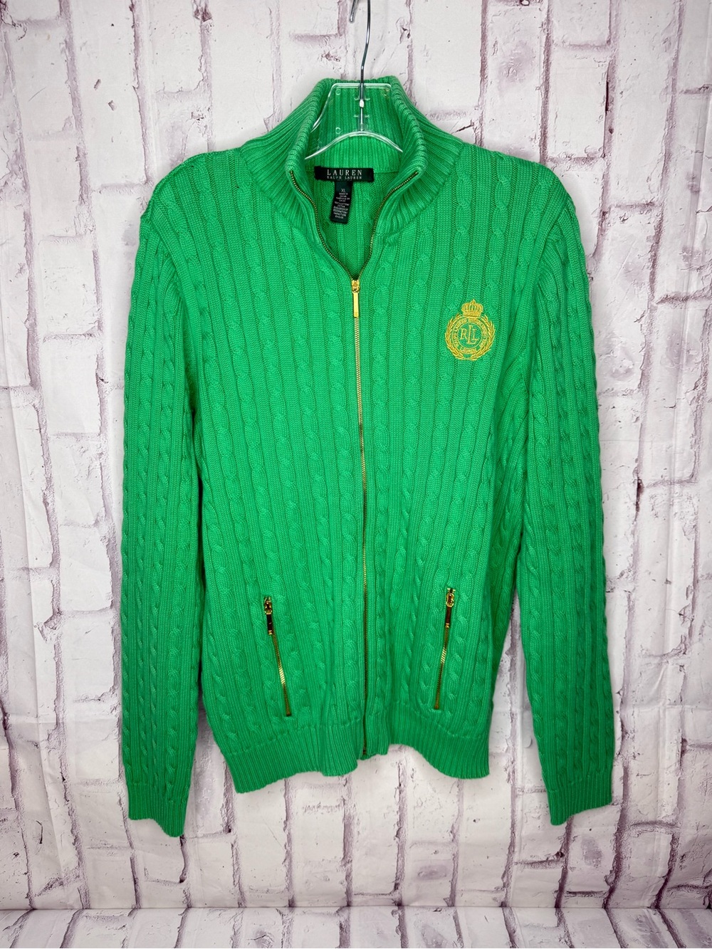 Lauren Ralph Lauren Womens Cable Knit Full Zip Sweater XL Green Crest Preppy